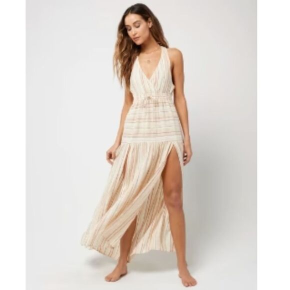 L Space Emma Maxi Dress Coverup Plunging Neckline in Cream Stripe Women's Medium - Picture 3 of 11